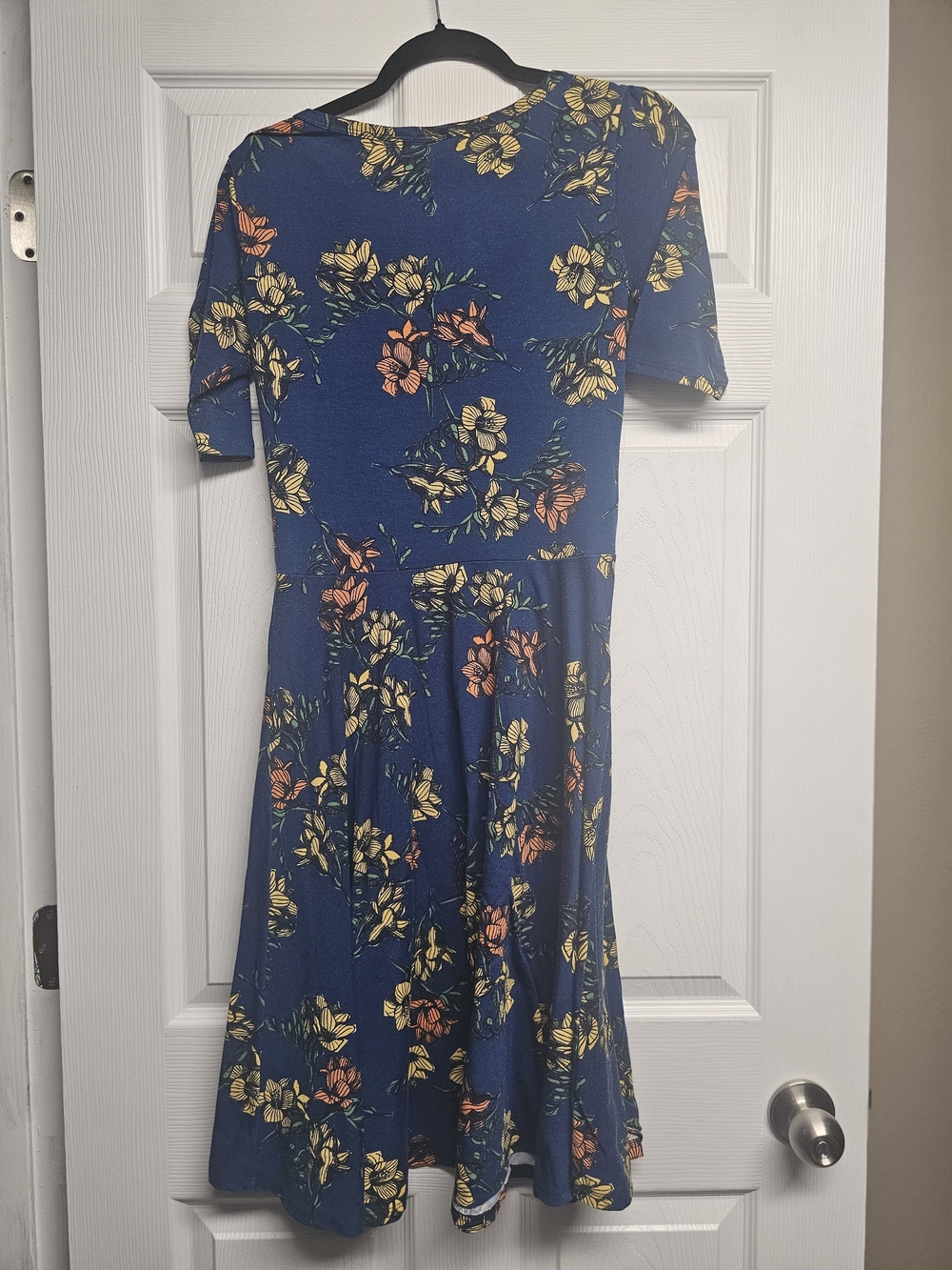 LuLaRoe Navy Floral Scoop-Neck Midi Dress with Yellow & Coral Blooms - Picture 2 of 3